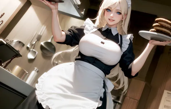 Picture dress, blue eyes, women, blonde, realistic, smiling, maid, kitchen