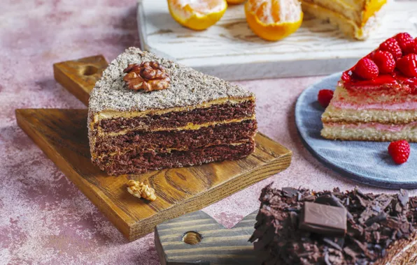 Picture berries, raspberry, table, chocolate, cake, cake, nuts, different