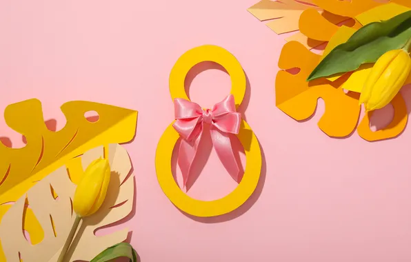 Flowers, figure, tape, tulips, happy, pink background, March 8, pink