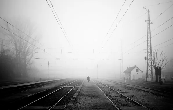 Sadness, fog, people, railroad