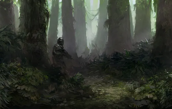 Picture forest, weapons, thickets, warrior, art, soldiers, machine, the bushes