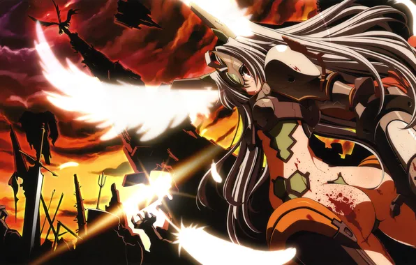Picture ass, the sky, girl, clouds, weapons, blood, dragon, wings
