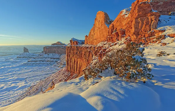 Winter, snow, mountains, rocks, canyon, Utah, USA, Canyonlands National Park