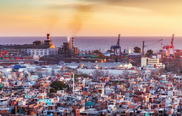 Twilight, sea, ocean, sunset, Argentina, houses, dusk, seaside