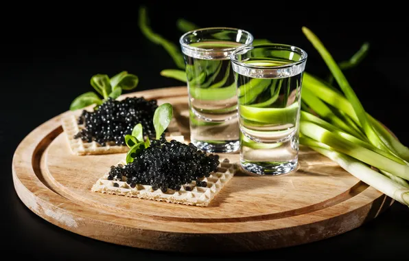 Picture drinks, glasses, vodka, caviar, snacks