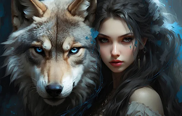 Girl, Fantasy, Wolf, AI Art, AI Generated