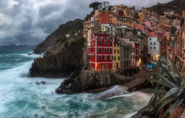 Sea, wave, the sky, clouds, the city, rocks, shore, building