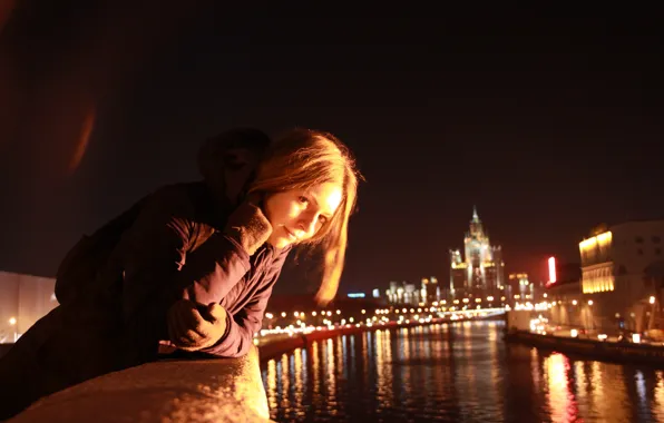 Girl, night, the city, river, mood, Moscow, walk