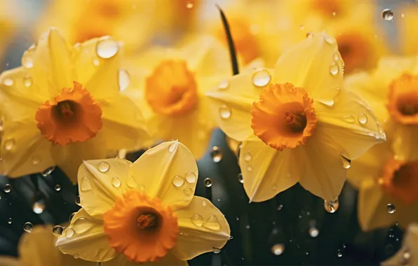 Picture drops, macro, flowers, spring, yellow, daffodils, AI art, neural network
