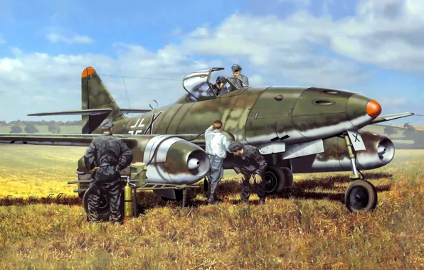 Picture war, art, airplane, painting, aviation, jet, ww2, Messerschmitt Me 262