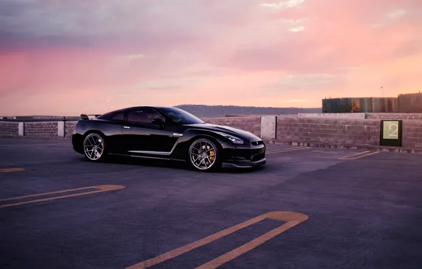 Picture GTR, Nissan, Car, Wall, Front, Black, Sunset, Tuning