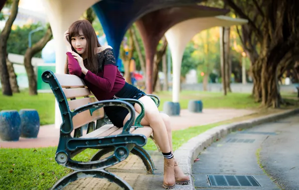 Picture girl, pose, Park, Asian, bench, bokeh