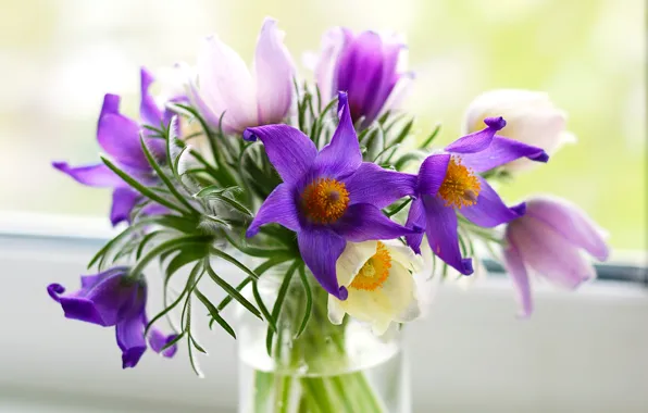 Flowers, bouquet, purple, vase, pink, cross, Pulsatílla