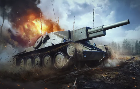 The explosion, fire, tank, the trunks of the trees, War Thunder