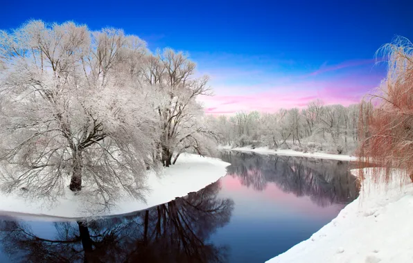Winter, forest, the sky, water, snow, trees, reflection, river