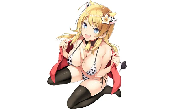 Girl, sexy, cleavage, thighhighs, long hair, boobs, anime, blue eyes