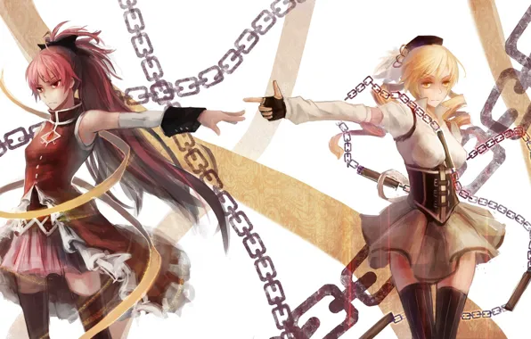 Look, girls, attitude, chain, art, mahou shoujo madoka magica, Tomoe Mami, sakura kyouko