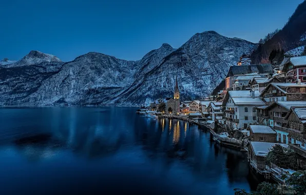 Picture winter, snow, mountains, lake, the evening, Austria, Church