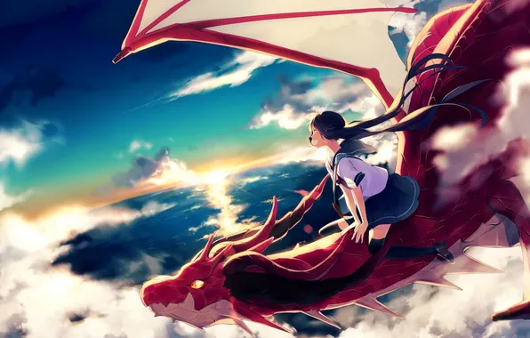 The sky, girl, the sun, clouds, flight, joy, sunset, dragon