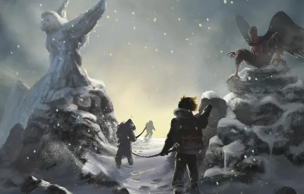 Winter, snow, people, art, harpies