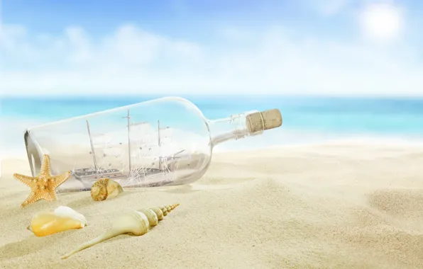 Picture beach, sea, sun, sand, letter, bottle, seashells