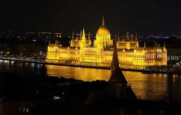 Night, lights, river, backlight, Parliament, panorama, Hungary, Budapest