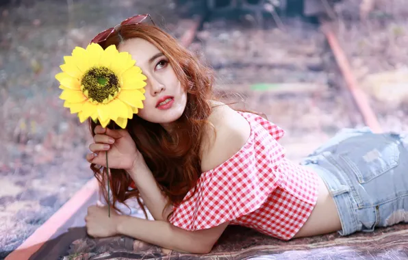 Look, girl, face, sunflower, brown hair
