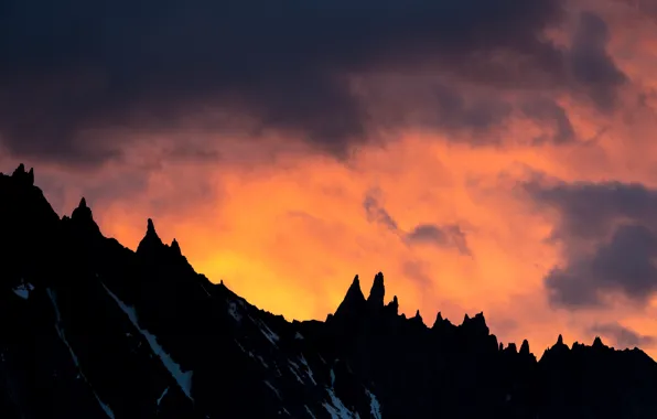 Clouds, sunset, mountain, silhouette, orange sky