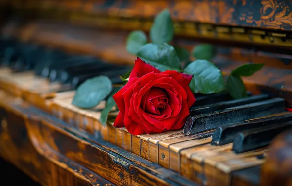 Flower, retro, music, fading, rose, keys, old, piano