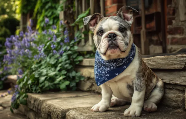 Look, flowers, house, dog, garden, stage, bulldog, headband