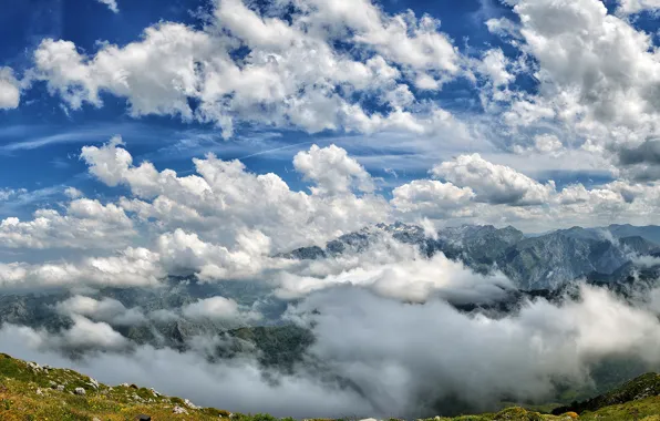 The sky, the sun, clouds, mountains, rocks, height, panorama, Spain