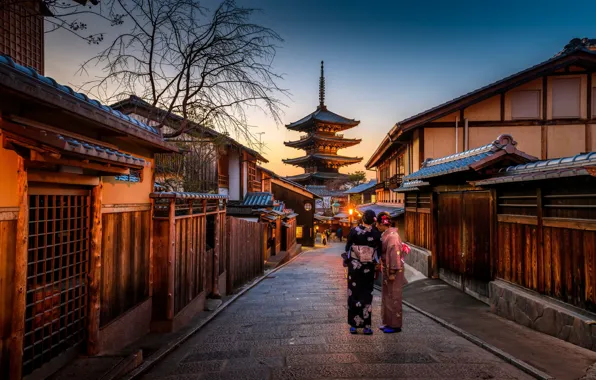 Girls, street, the evening, Japan, pagoda, Kyoto, Kim