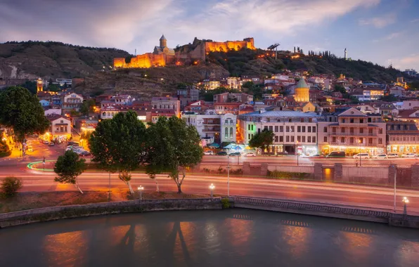 Picture mountains, the city, building, home, the evening, lighting, Georgia, Tbilisi