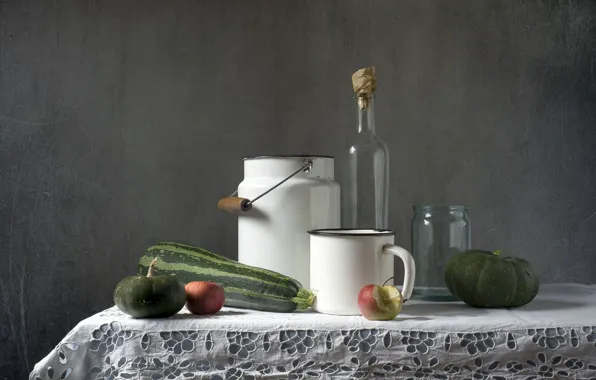 Picture table, wall, apples, bottle, mug, Bank, dishes, pumpkin
