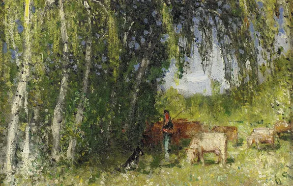 Landscape, picture, Pierre Eugène Montesin, Pierre-Eugene Montezin, The herd in Birch Grove near the Creuse