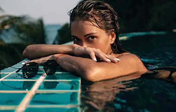 Look, water, girl, pool, glasses, Sergey Vostrikov
