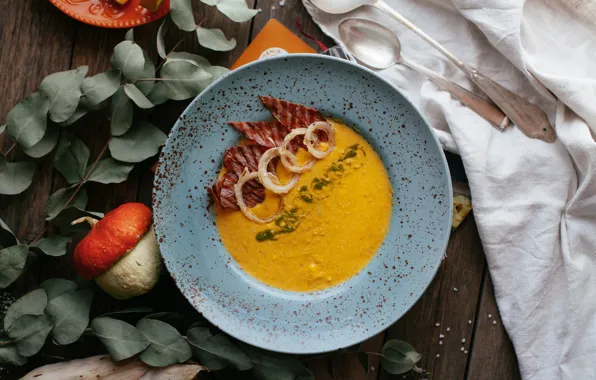 Autumn, leaves, bow, spoon, soup, fabric, pumpkin, bacon
