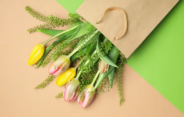 Flowers, bouquet, package, tulips, yellow, pink, flowers, tulips