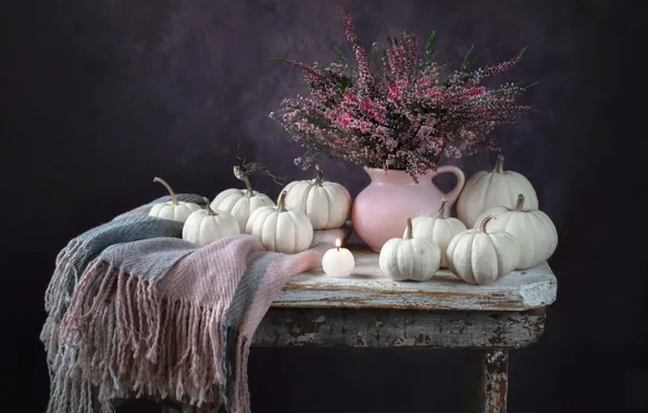 Flowers, the dark background, table, candle, bouquet, blanket, pumpkin, pink