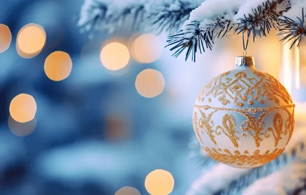 Winter, snow, decoration, ball, New Year, Christmas, golden, new year