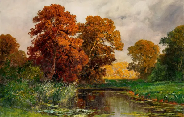 Trees, Picture, River, Alois Arnegger, Autumn landscape, Alois Arnegger, Austrian painter