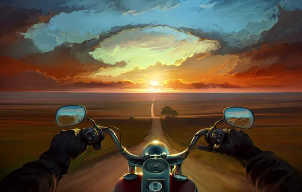 Picture road, clouds, trees, sunset, hands, art, motorcycle, bike