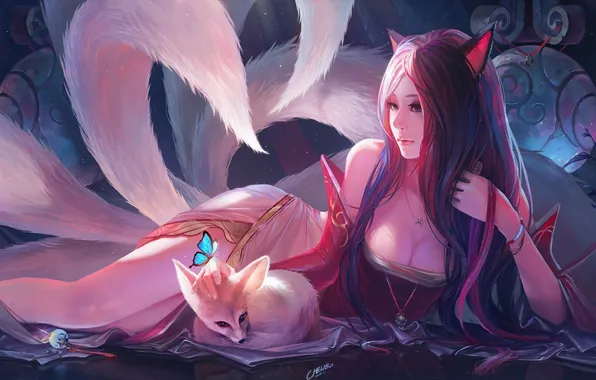 Picture girl, butterfly, art, Fox, ears, league of legends, chenbo, tails