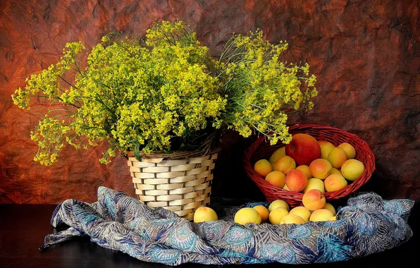 Flowers, Apple, bouquet, still life, basket, tablecloth, apricots