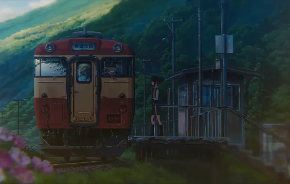 Station, Japan, the car, schoolgirl, platform, cloudy weather, Kimi no VA On, Miyamizu Mitsuha