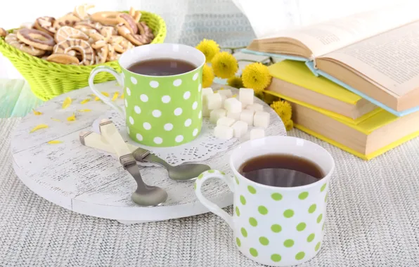 Picture flowers, tea, cookies, Cup, book