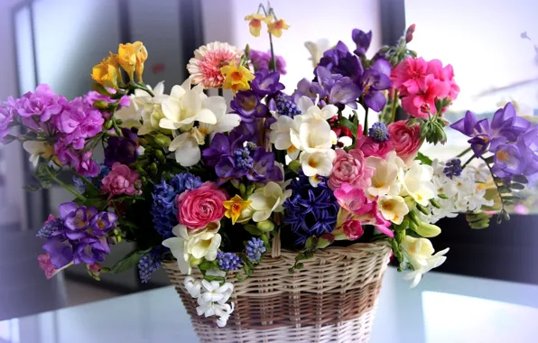 Flowers, bouquet, basket, different, beautiful, Ranunculus, freesia, hyacinths