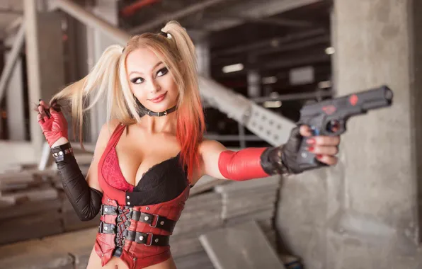 Chest, girl, face, smile, gun, weapons, blonde, gloves
