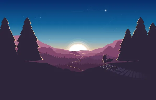 Road, forest, Fox, the sky, stars, sunset, mountains, dawn