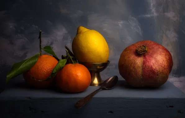 Lemon, oranges, spoon, fruit, still life, grey background, garnet, ramekin